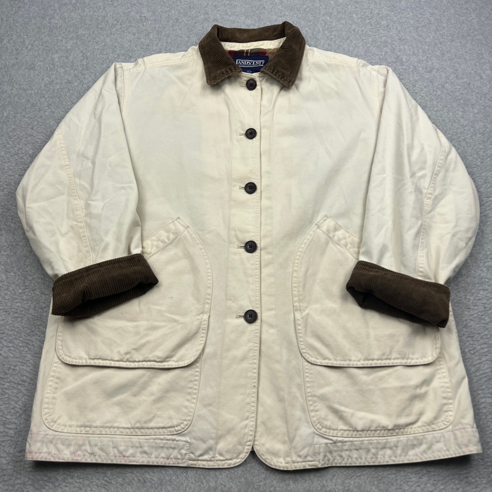 Lands End Barn Jacket Womens Large Ivory Corduroy Collar Plaid Lined Chore Coat